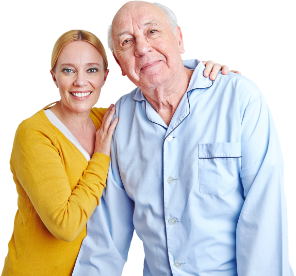 aide and senior man smiling